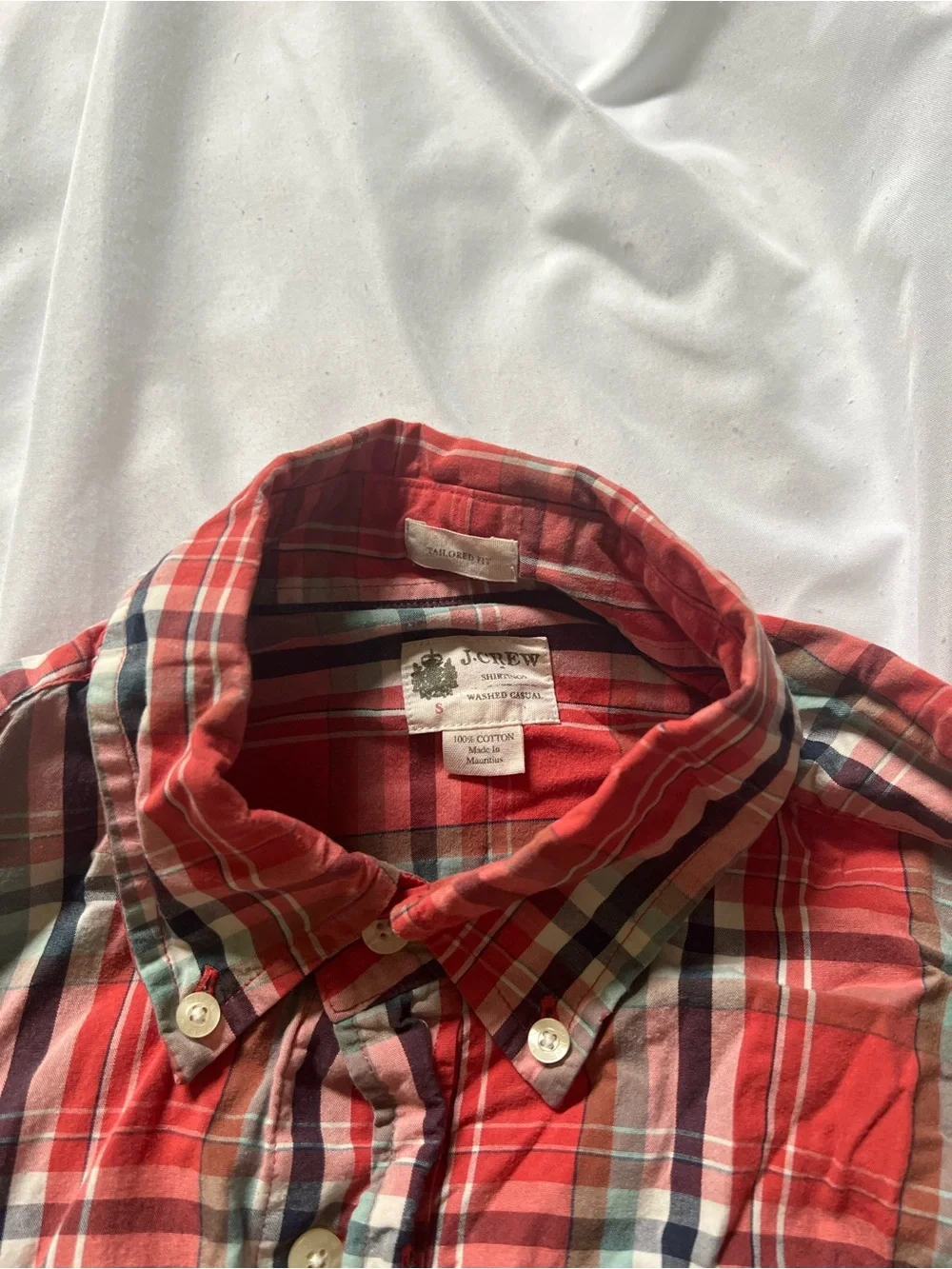 J. Crew Red Plaid Button-Down Shirt with Navy & Cream Accents